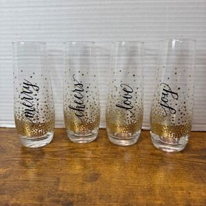 Set of 4 Stemless Champagne Glass Flutes Merry Cheers Love Joy Gold Polka Dot